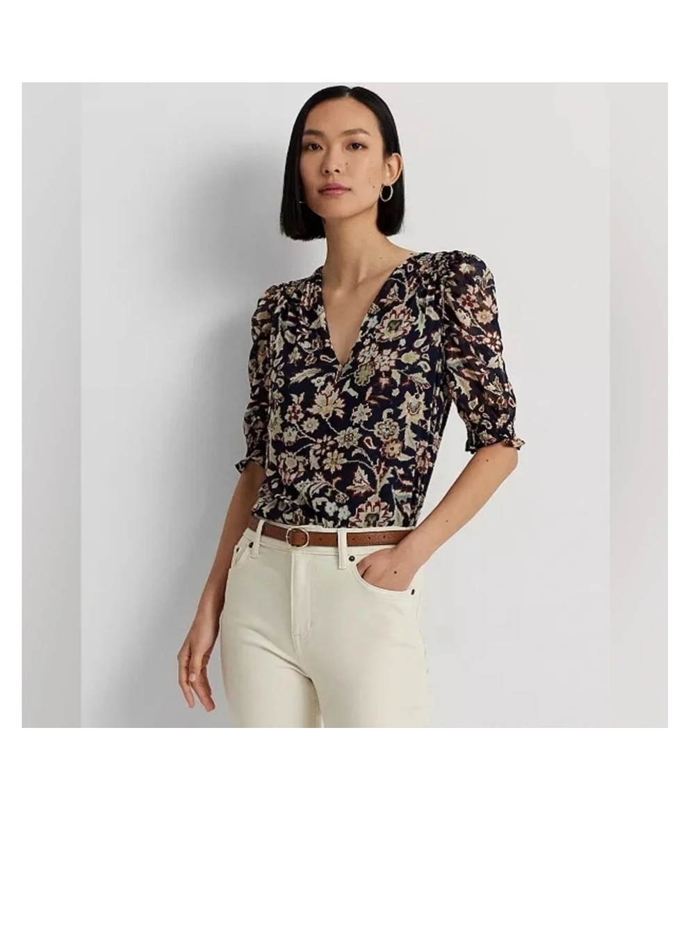 Ralph Lauren Floral Georgette Puff-Sleeve Blouse Black Label Sz M